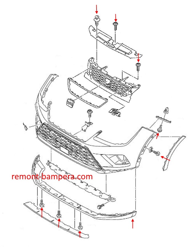 Схема крепления переднего бампера SEAT Arona I (2017-2023)