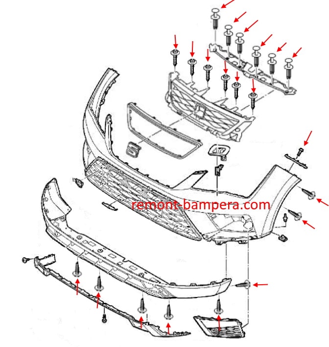Schema di montaggio del paraurti anteriore SEAT Ateca I (2016-2023)
