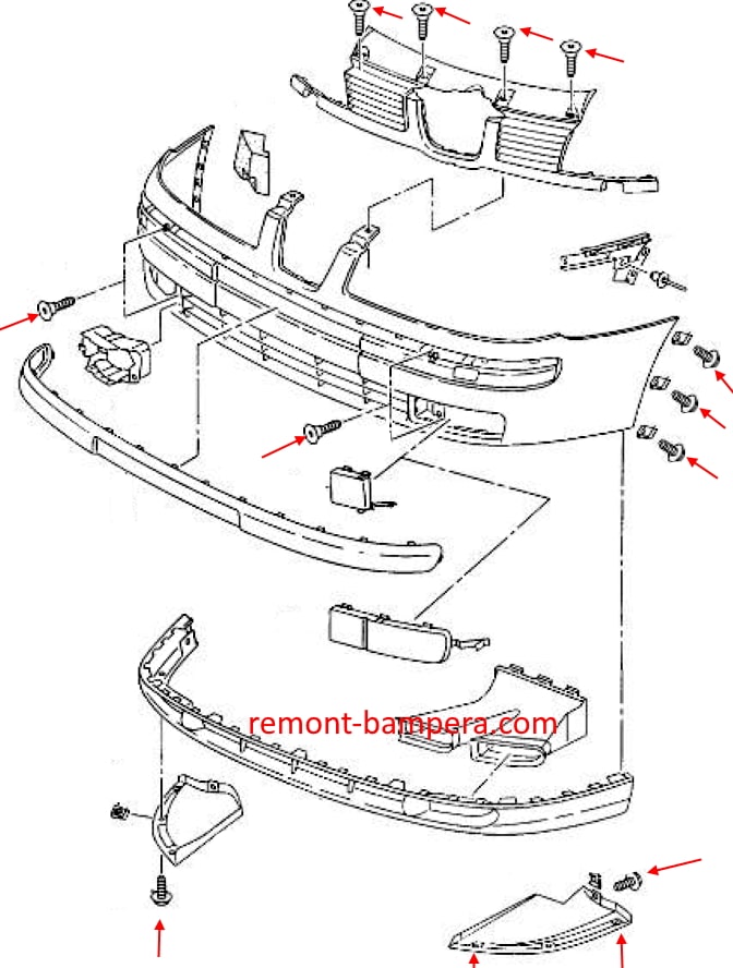 Schema di montaggio del paraurti anteriore SEAT Ibiza II (1993-2002)
