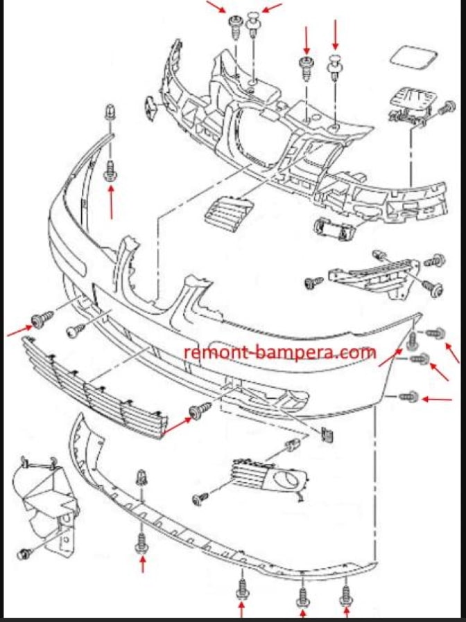 Befestigungsschema für die vordere Stoßstange SEAT Ibiza III (2002-2008)