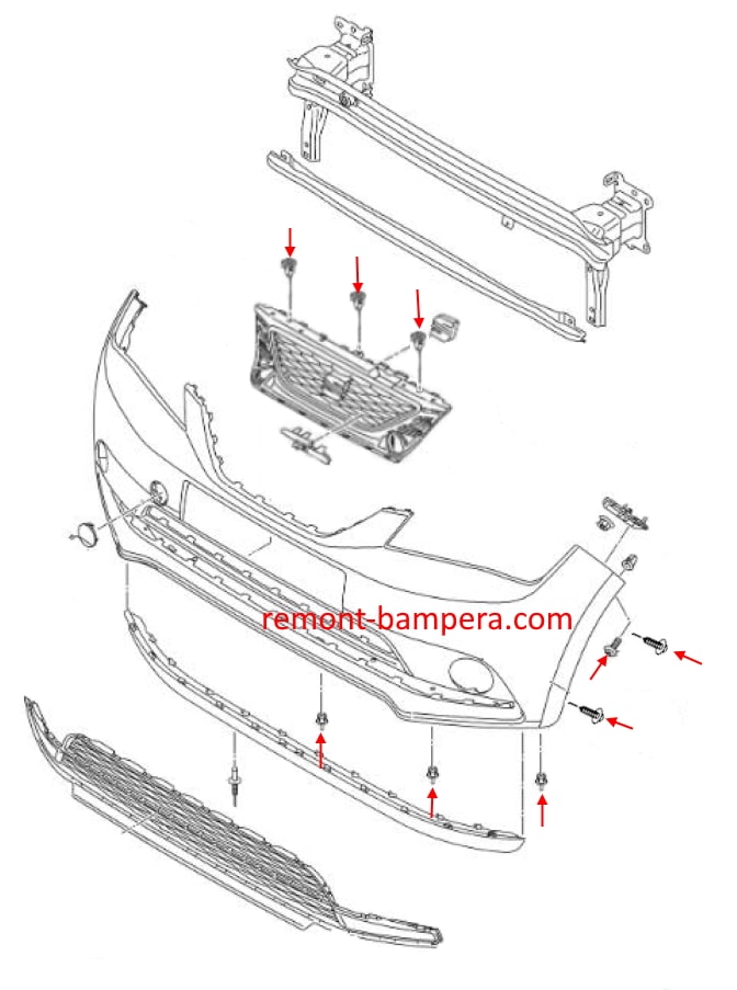 Schéma de montage du pare-chocs avant SEAT Mii I (2011-2023)