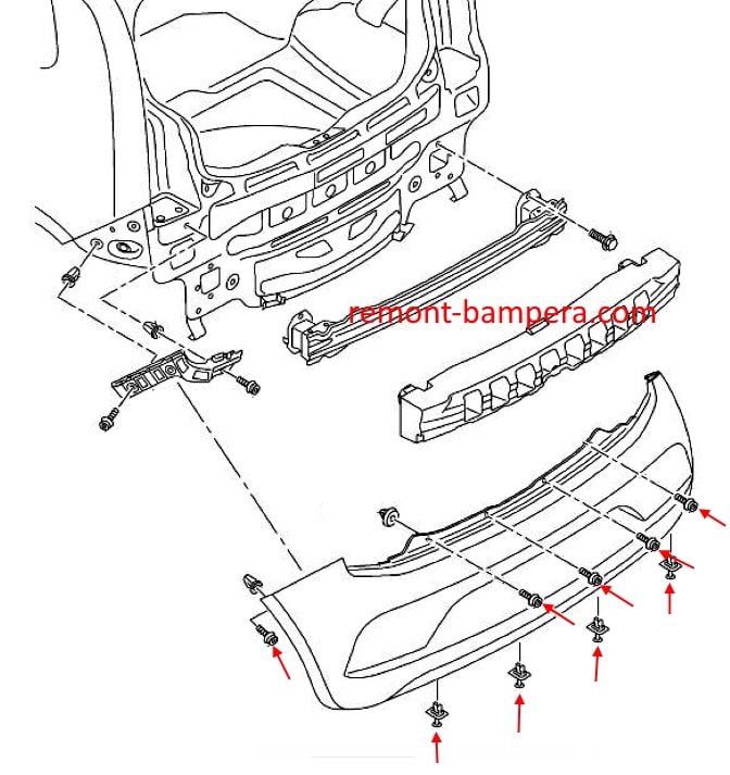Schéma de montage du pare-chocs arrière SEAT Mii I (2011-2023)