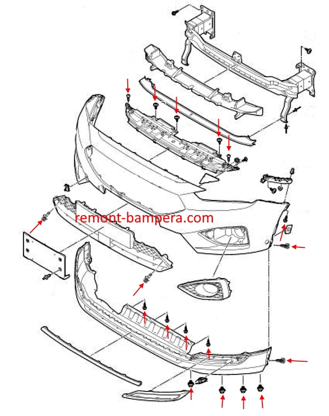 Схема крепления переднего бампера SEAT Tarraco I (2018-2023)