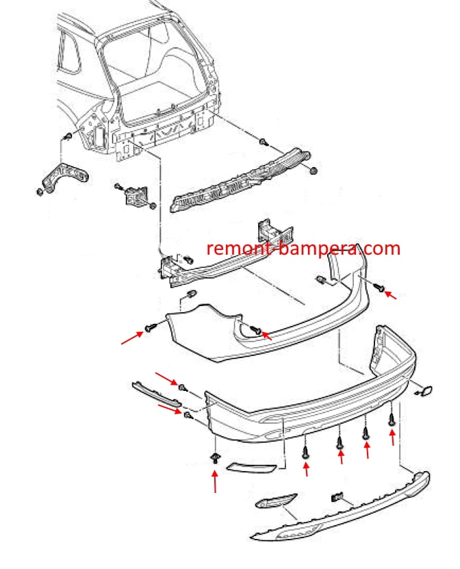 Схема крепления заднего бампера SEAT Tarraco I (2018-2023)