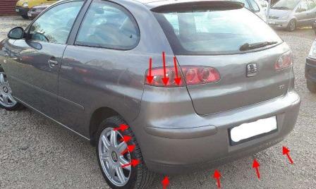 места крепления заднего бампера SEAT Ibiza MK3 (2002-2008 год)