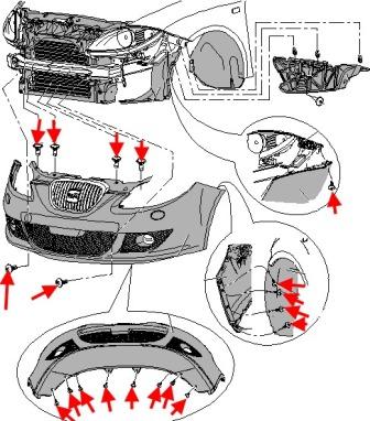 the scheme of fastening of the front bumper SEAT Leon II (2005 — 2012)