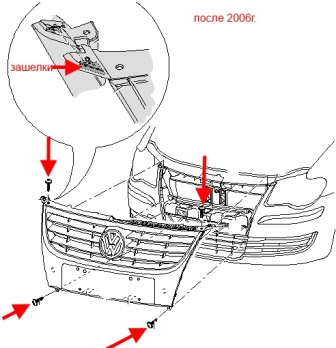 схема крепления решетки радиатора VW Touran (до 2010 года)