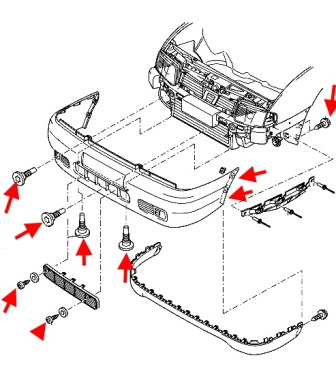 schéma de montage du pare-chocs avant VW POLO (jusqu'en 2001)
