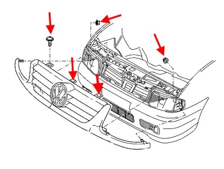 schéma de fixation de la calandre VW POLO (jusqu'en 2001) 