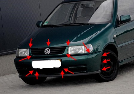 места крепления переднего бампера  VW POLO (до 2001)